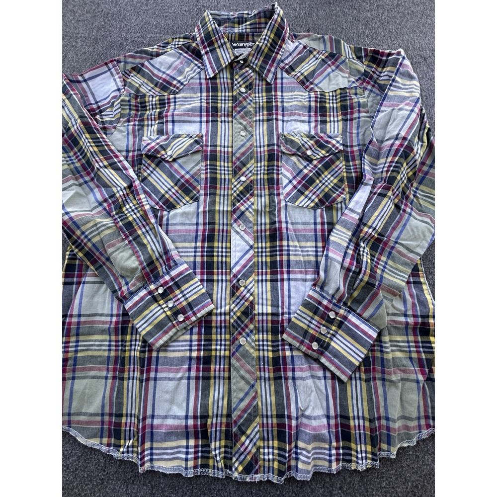Wrangler Shirt Mens X-Large Multicolored Plaid Pearl Snap Long Sleeve Vintage